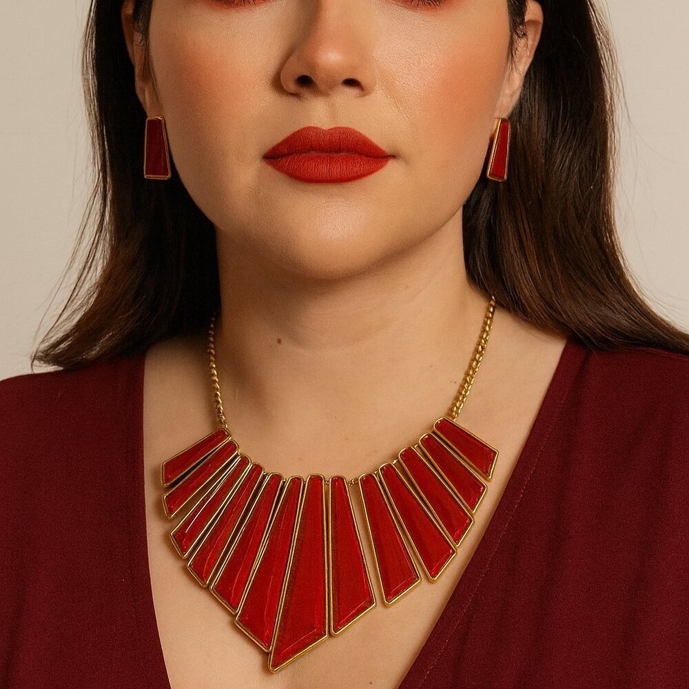 Vintage Gold Tone Red Amber Resin Bar Fringe Egyptian Style‎ Statement Necklace